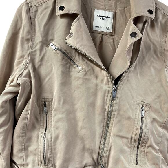 Abercrombie & Fitch Motorcycle Style Jacket M Tan Cotton Asymmetrical Zip - Picture 3 of 8
